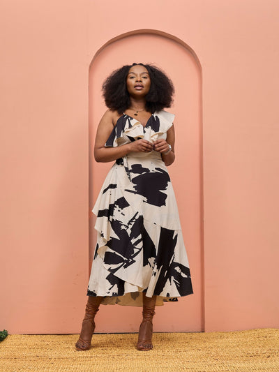 Vivo Beali Wrap Asymmetrical Midi Dress - Buttermilk / Black Lea Print - Shopzetu