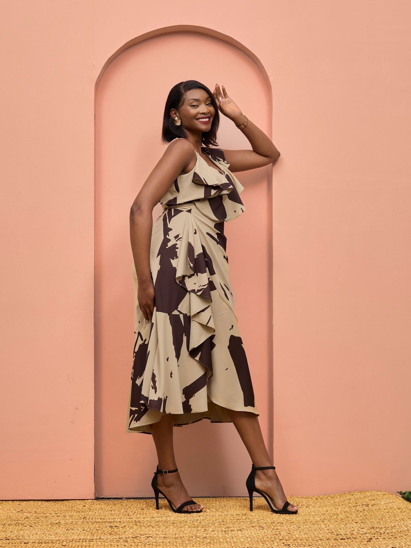 Vivo Beali Wrap Asymmetrical Midi Dress - Taupe / Chocolate Lea Print - Shopzetu