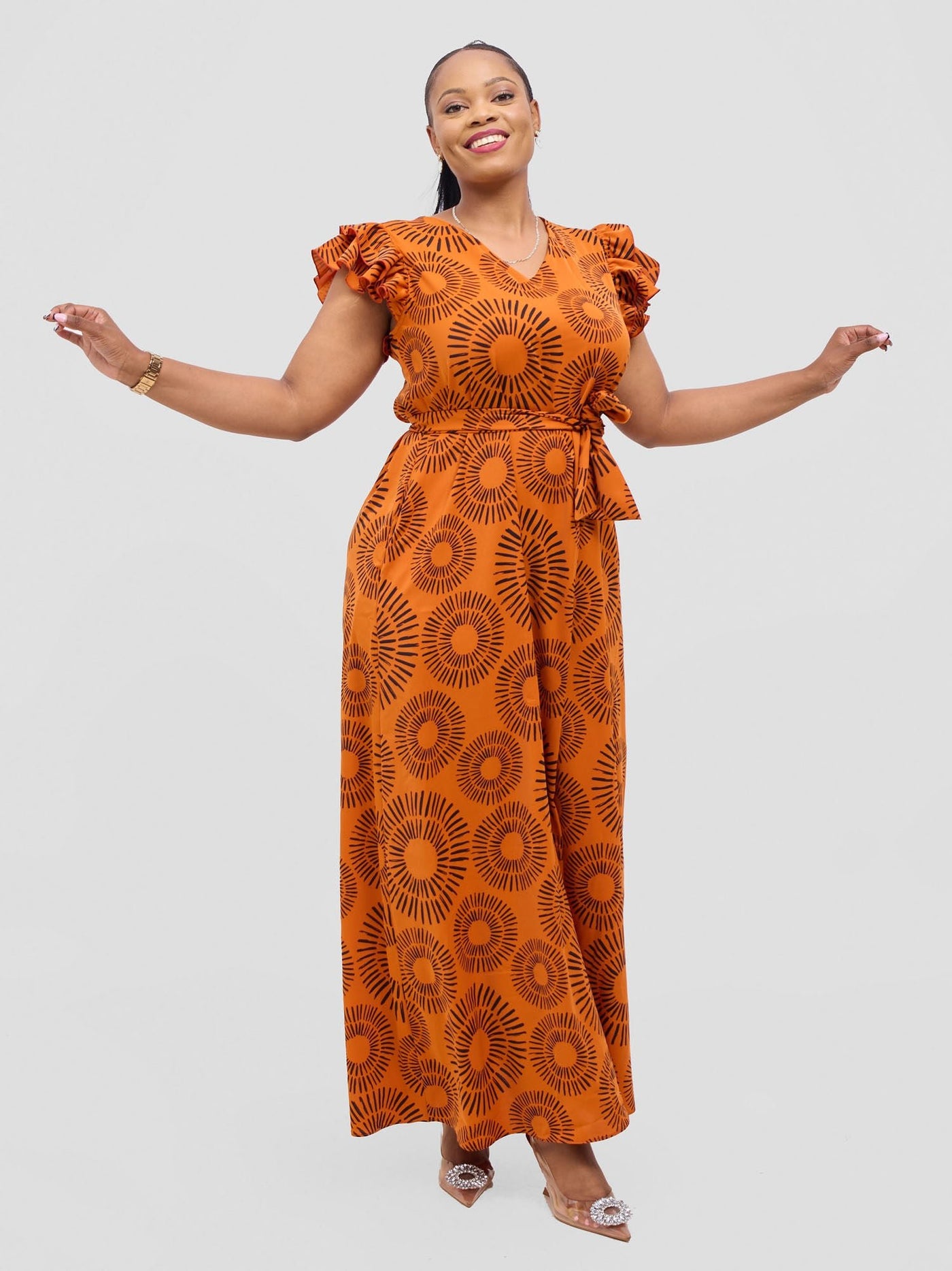 Vivo Nasinka A - line Maxi Dress - Orange / Black Bombo Print - Shopzetu