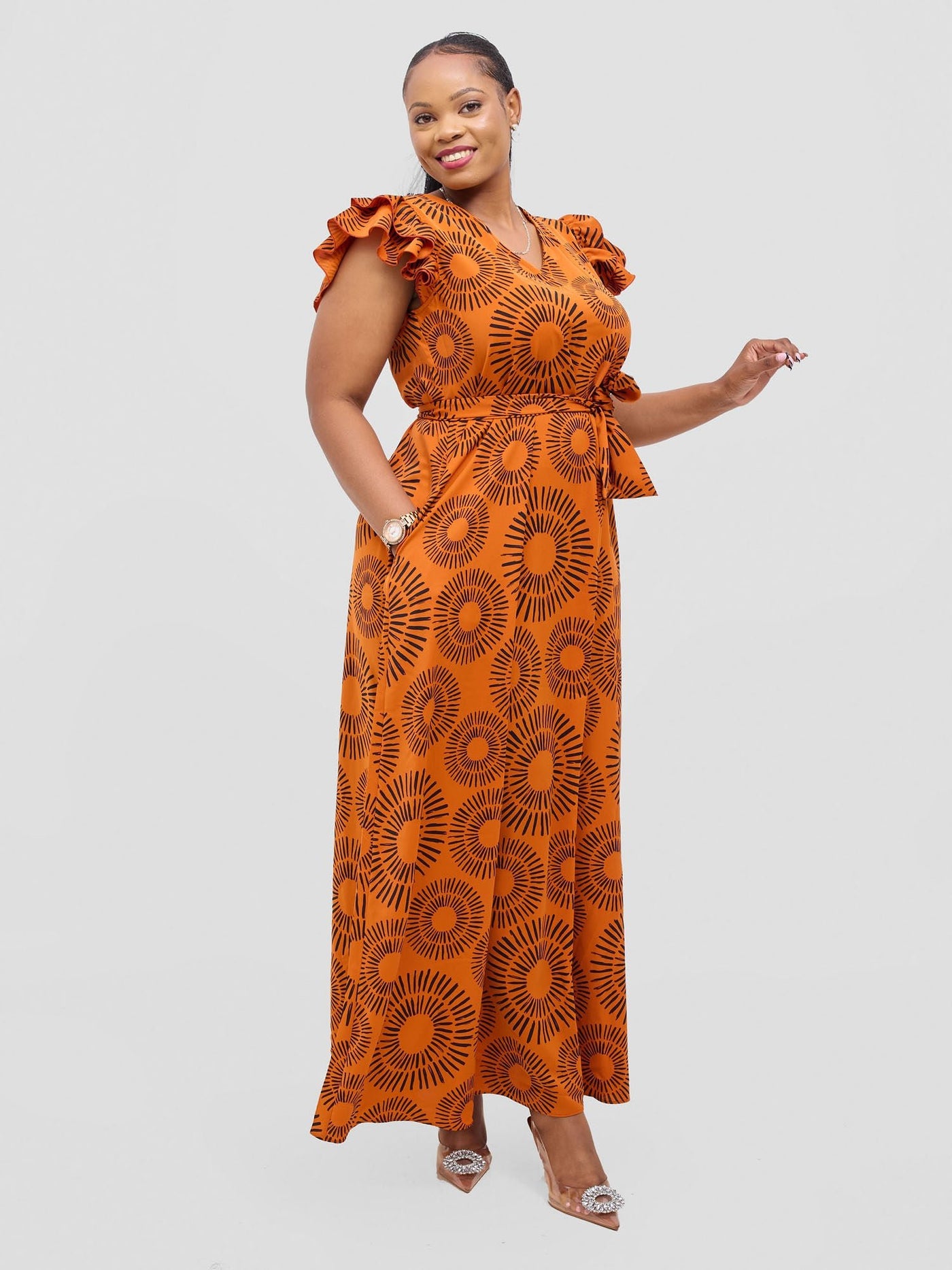 Vivo Nasinka A - line Maxi Dress - Orange / Black Bombo Print - Shopzetu