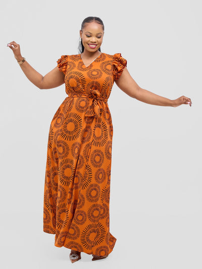 Vivo Nasinka A - line Maxi Dress - Orange / Black Bombo Print - Shopzetu