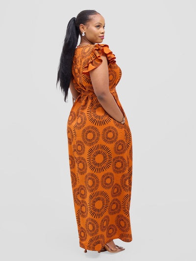 Vivo Nasinka A - line Maxi Dress - Orange / Black Bombo Print - Shopzetu