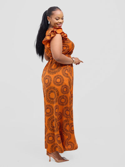 Vivo Nasinka A - line Maxi Dress - Orange / Black Bombo Print - Shopzetu