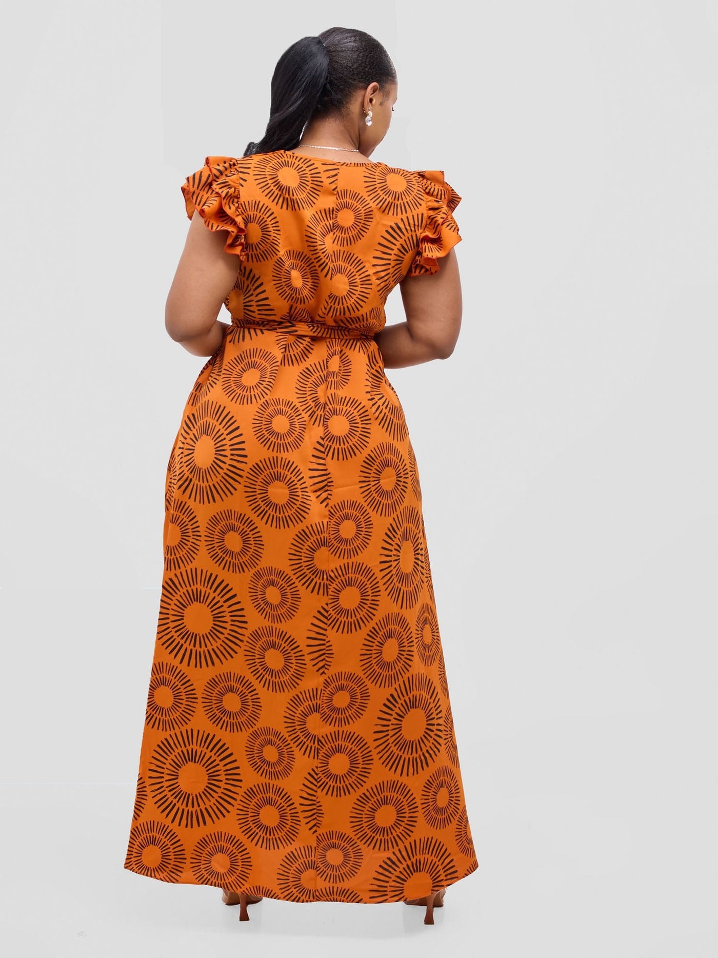 Vivo Nasinka A - line Maxi Dress - Orange / Black Bombo Print - Shopzetu