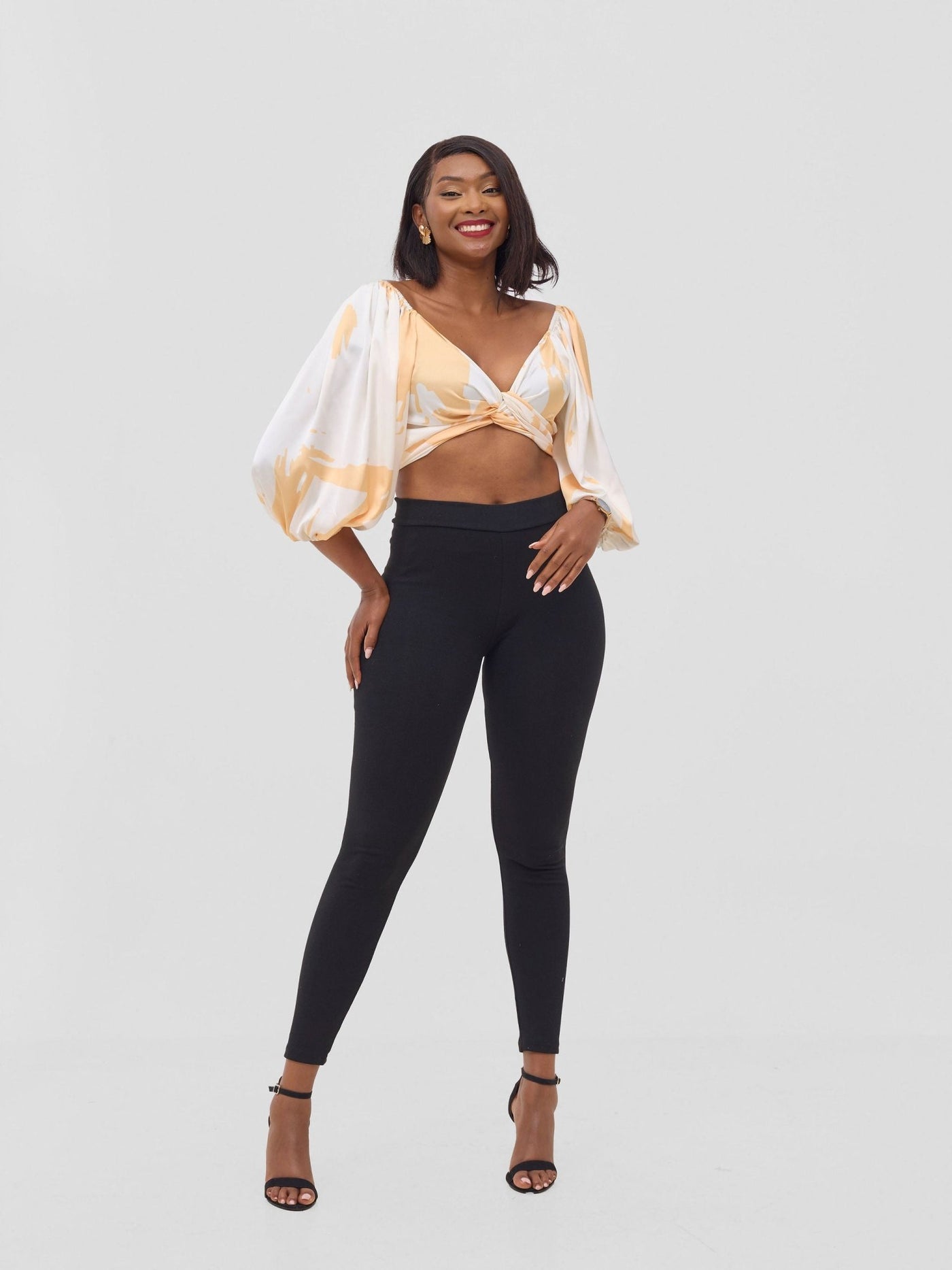 Vivo Beali Two Way Wrap Top - Cream / Gold Lea Print - Shopzetu