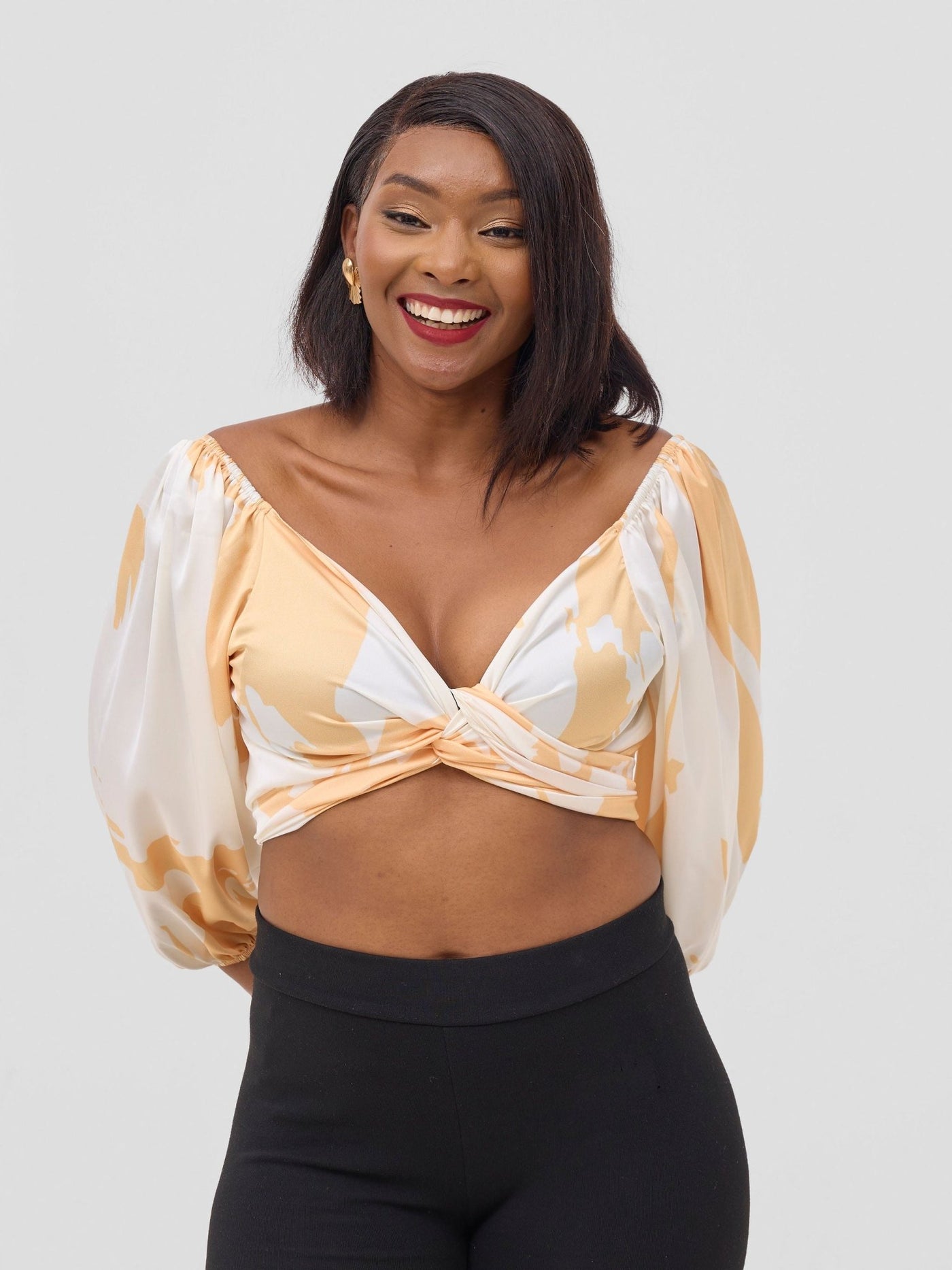 Vivo Beali Two Way Wrap Top - Cream / Gold Lea Print - Shopzetu