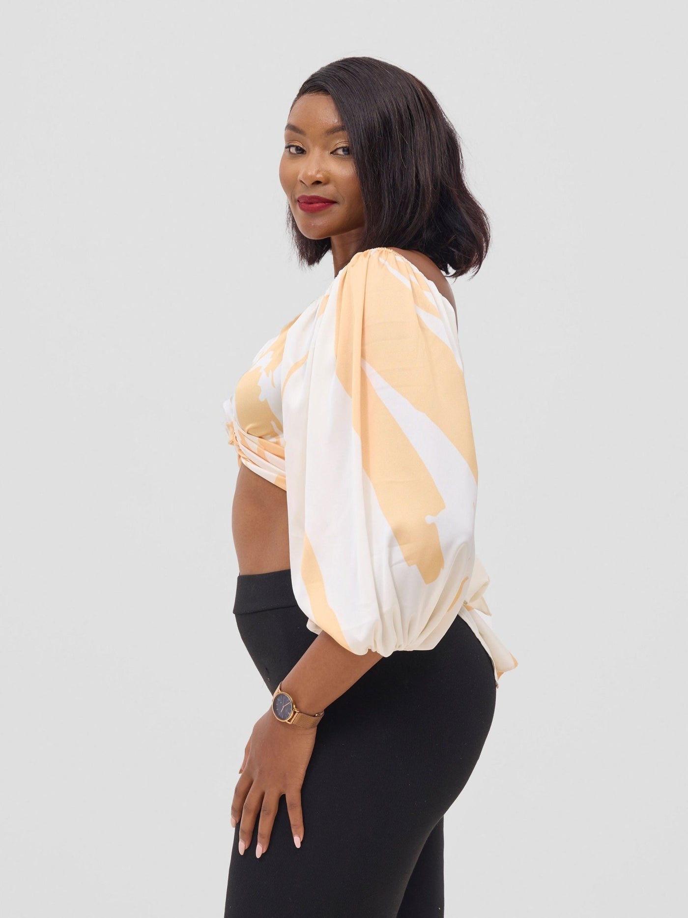 Vivo Beali Two Way Wrap Top - Cream / Gold Lea Print - Shopzetu