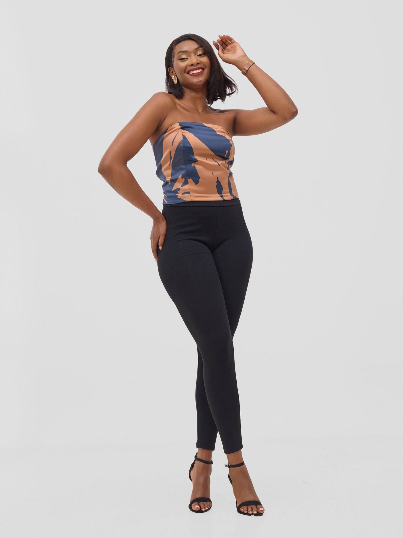 Vivo Beali Shirred Midriff Top - Tan / Navy Lea Print - Shopzetu