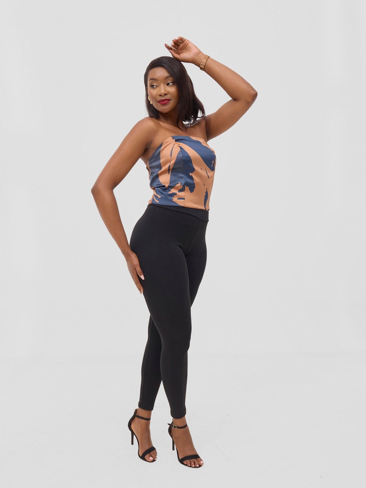 Vivo Beali Shirred Midriff Top - Tan / Navy Lea Print - Shopzetu