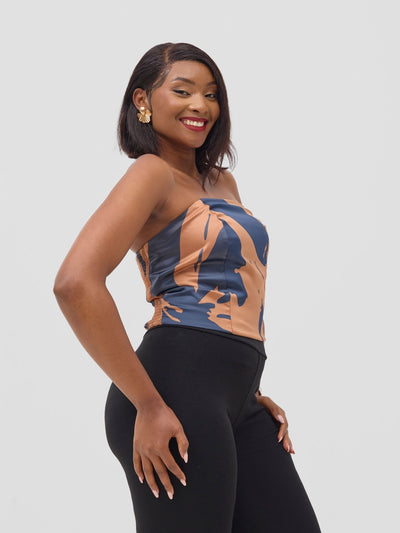 Vivo Beali Shirred Midriff Top - Tan / Navy Lea Print - Shopzetu