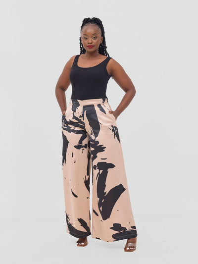 Vivo Beali Wide Leg Pants - Taupe / Black Lea Print - Shopzetu