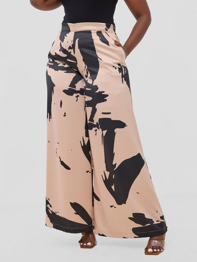 Vivo Beali Wide Leg Pants - Taupe / Black Lea Print - Shopzetu