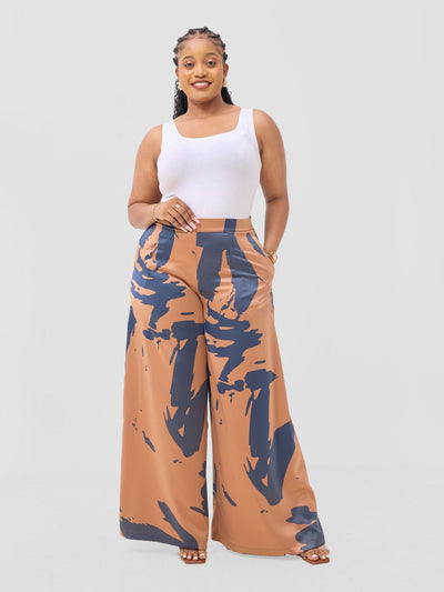 Vivo Beali Wide Leg Pants - Tan / Navy Lea Print - Shopzetu