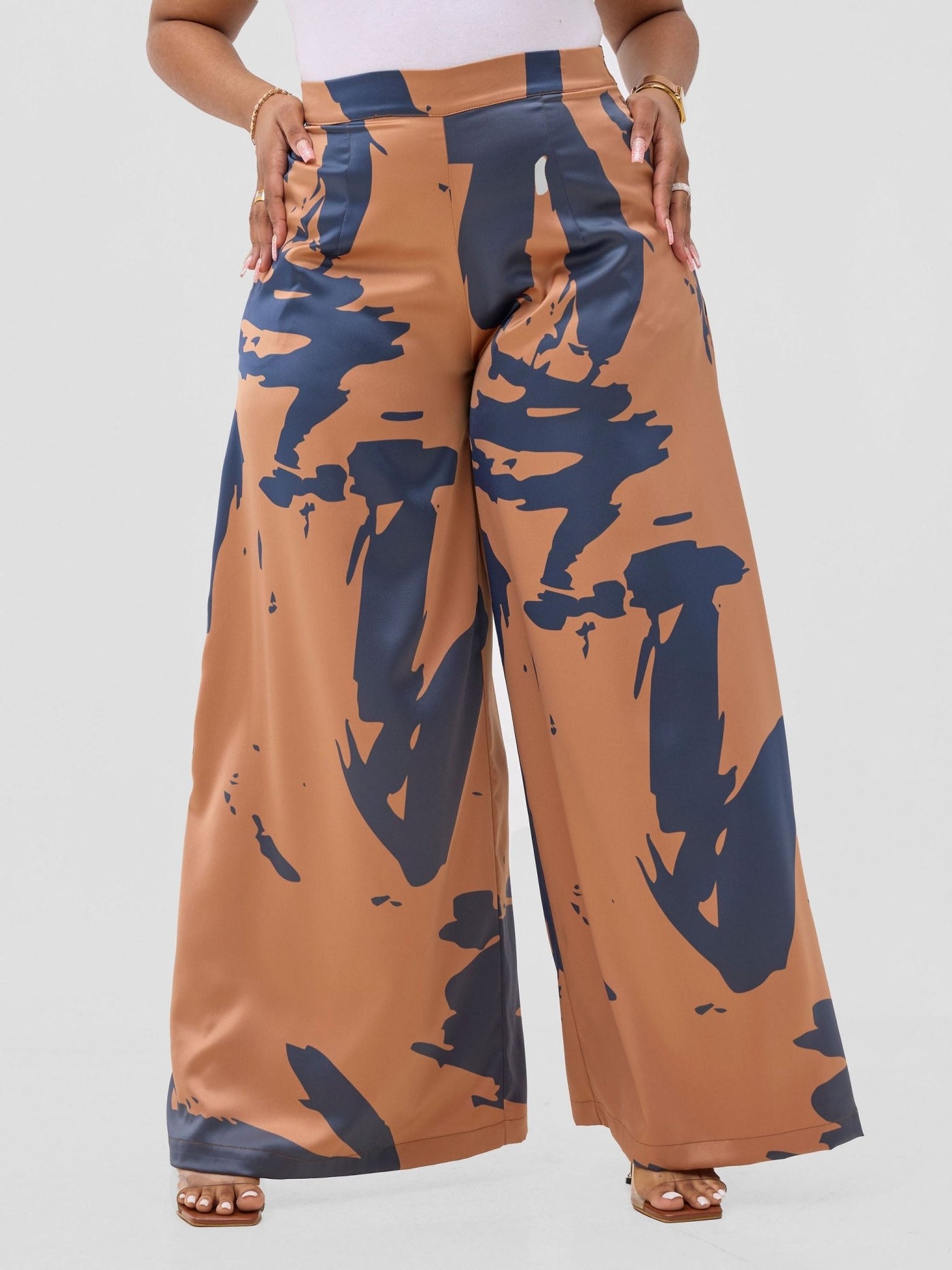 Vivo Beali Wide Leg Pants - Tan / Navy Lea Print - Shopzetu