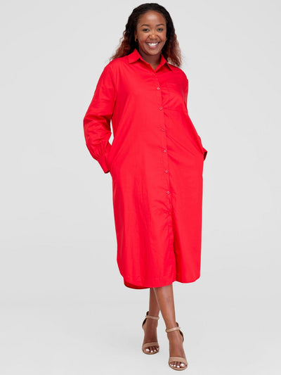 Alara Bishop Sleeve Maxi Shirt Dress - Red - Shopzetu