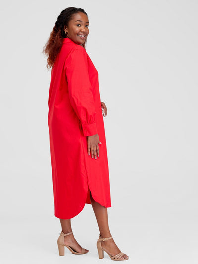Alara Bishop Sleeve Maxi Shirt Dress - Red - Shopzetu