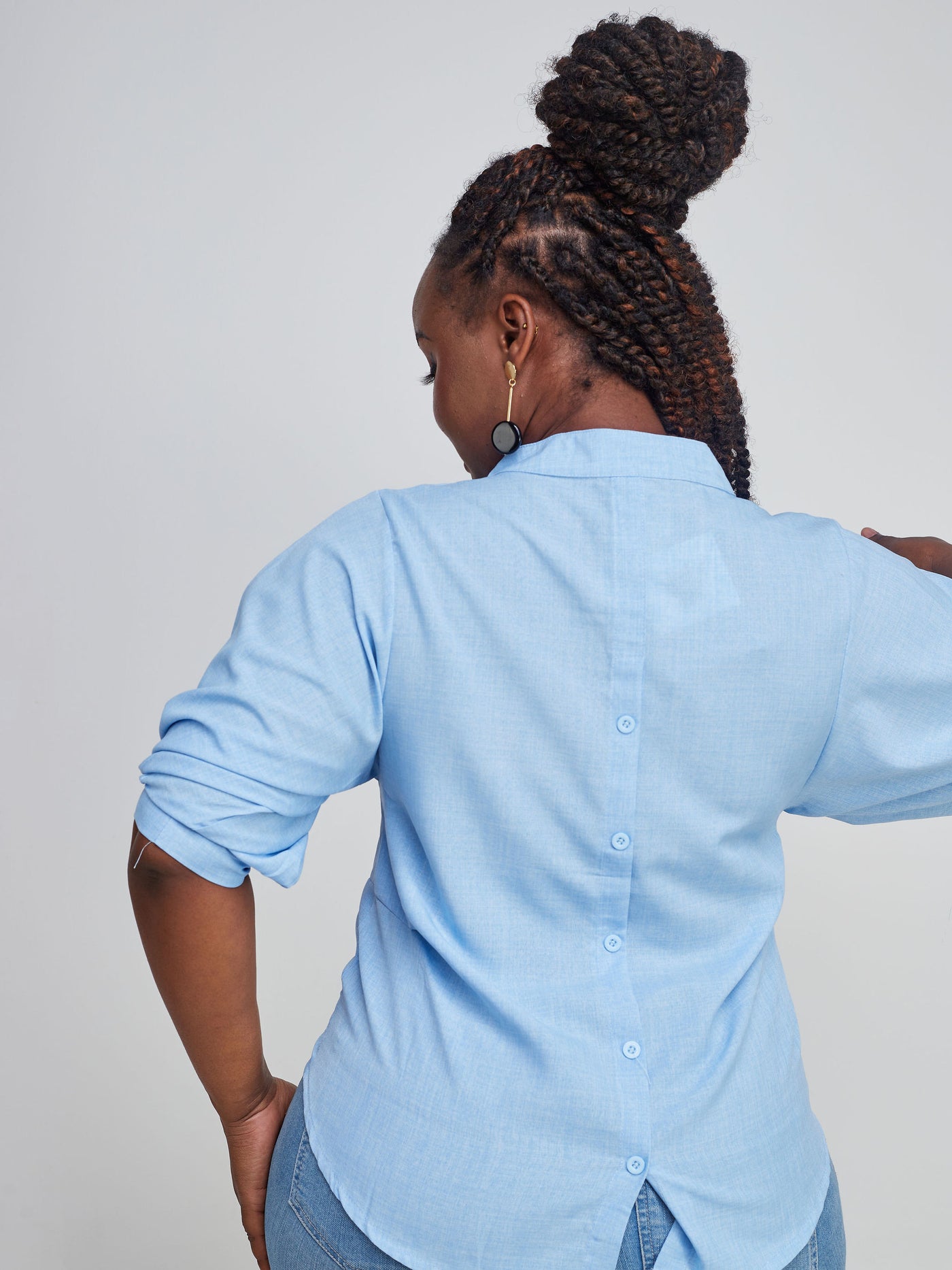 Alara Mandarin Collar V-neck Shirt with Back Button Detail - Light Blue