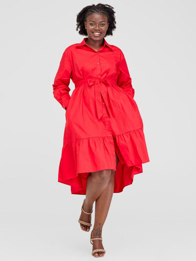 Alara Long Sleeve Shirt Dress with Belt - Red - Shopzetu