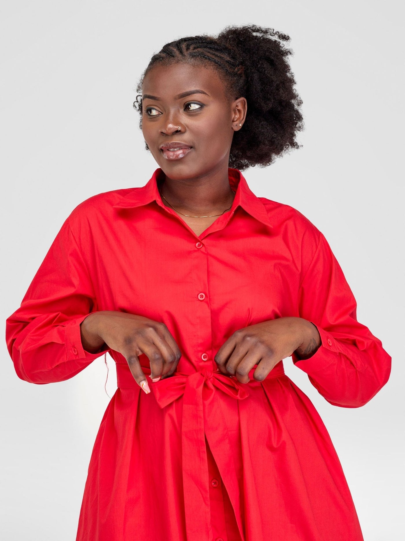 Alara Long Sleeve Shirt Dress with Belt - Red - Shopzetu
