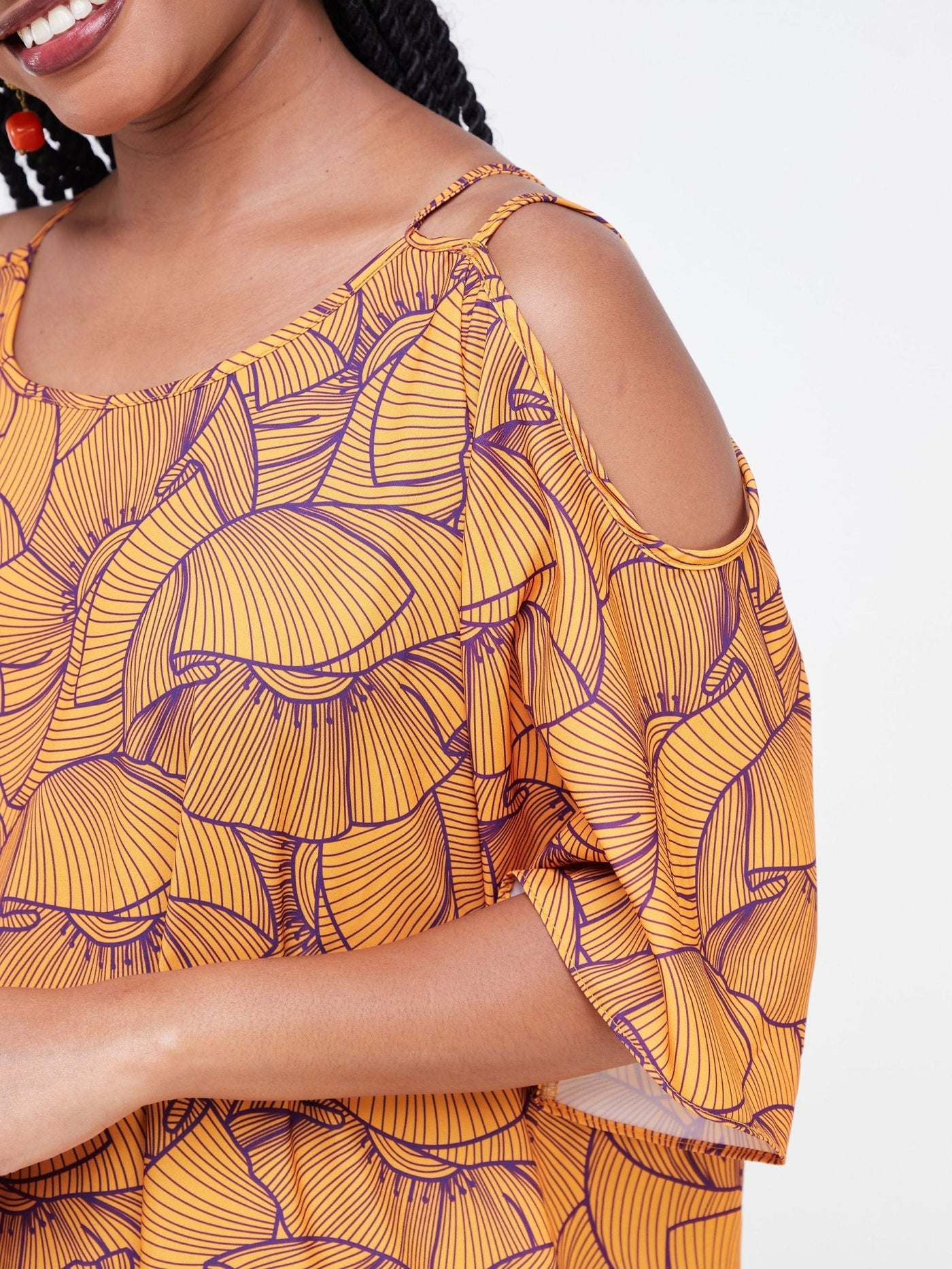 Vivo Dali Strappy Shoulder Tent Maxi Dress - Mustard / Purple Petal Print - Shopzetu