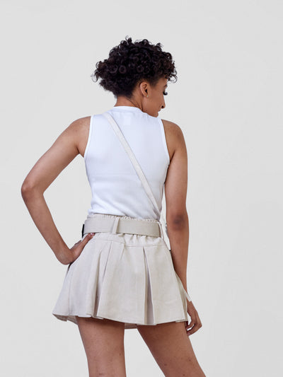 Anika Corduroy Pleated Miniskirt w/s Zipper & Elastic Waist - Beige