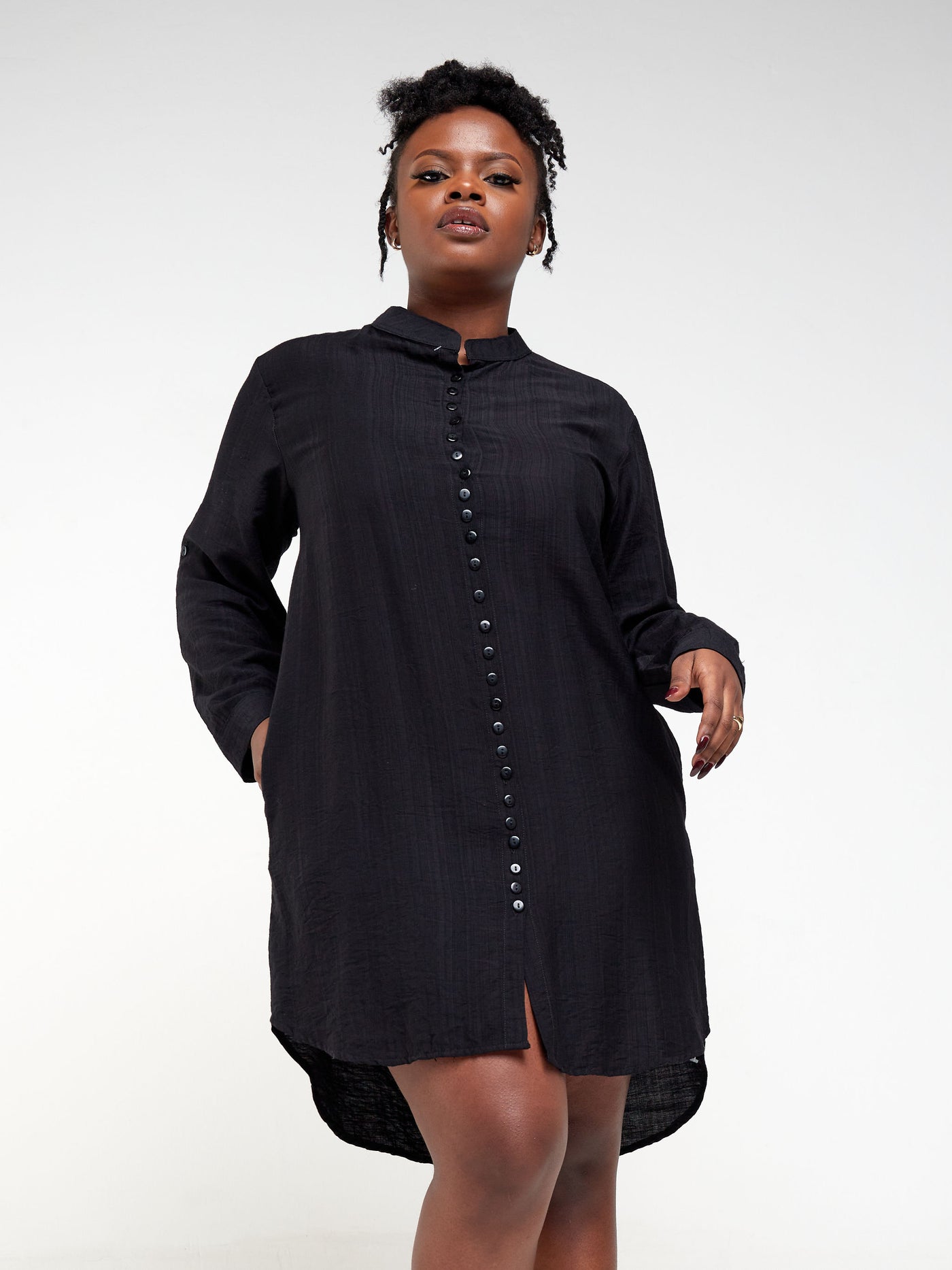 Alara Long Sleeve Mandarin Neck Shirt with Button Details and Pockets - Black