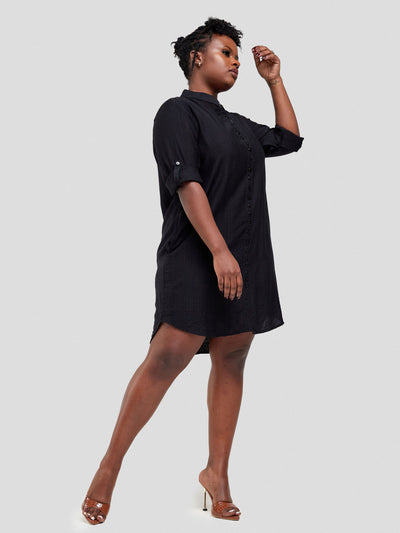 Alara Long Sleeve Mandarin Neck Shirt with Button Details and Pockets - Black