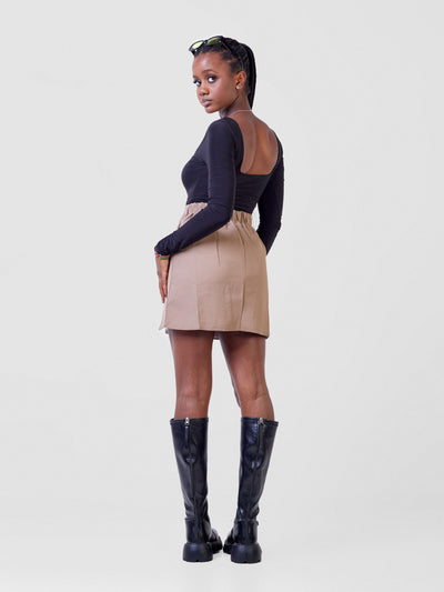 Anika High Waisted Side Slit Mini Skirt - Brown