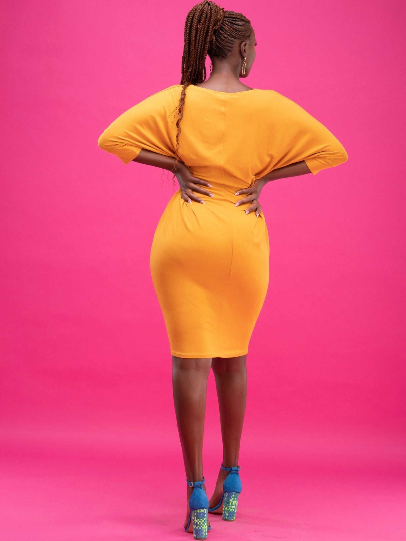 Vivo Basic Cuffed Dolman Jersey Dress - Mustard - Shopzetu