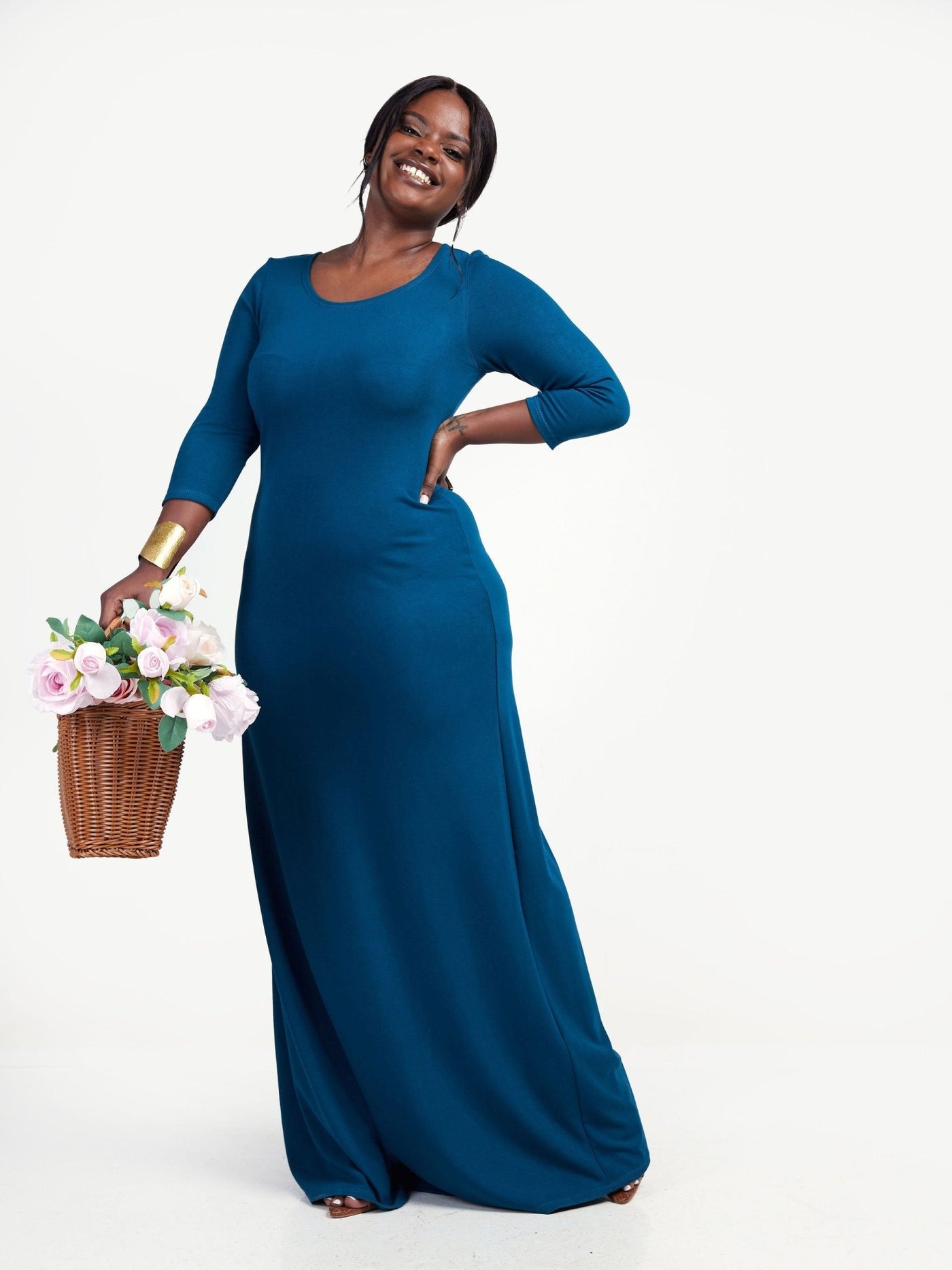 Vivo Basic 3/4 Sleeve A - Line Maxi Dress - Teal - Shopzetu