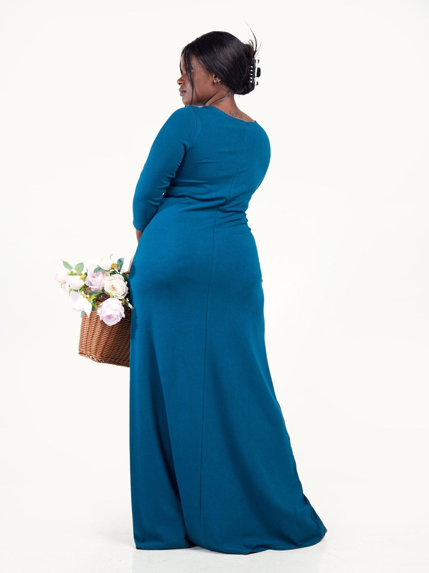 Vivo Basic 3/4 Sleeve A - Line Maxi Dress - Teal - Shopzetu