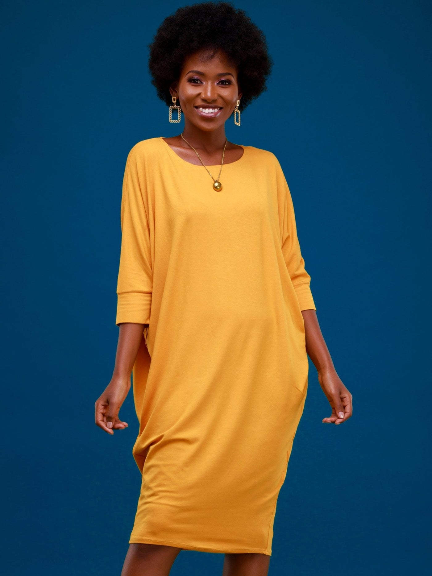 Vivo Basic Cuffed Dolman Jersey Dress - Mustard - Shopzetu