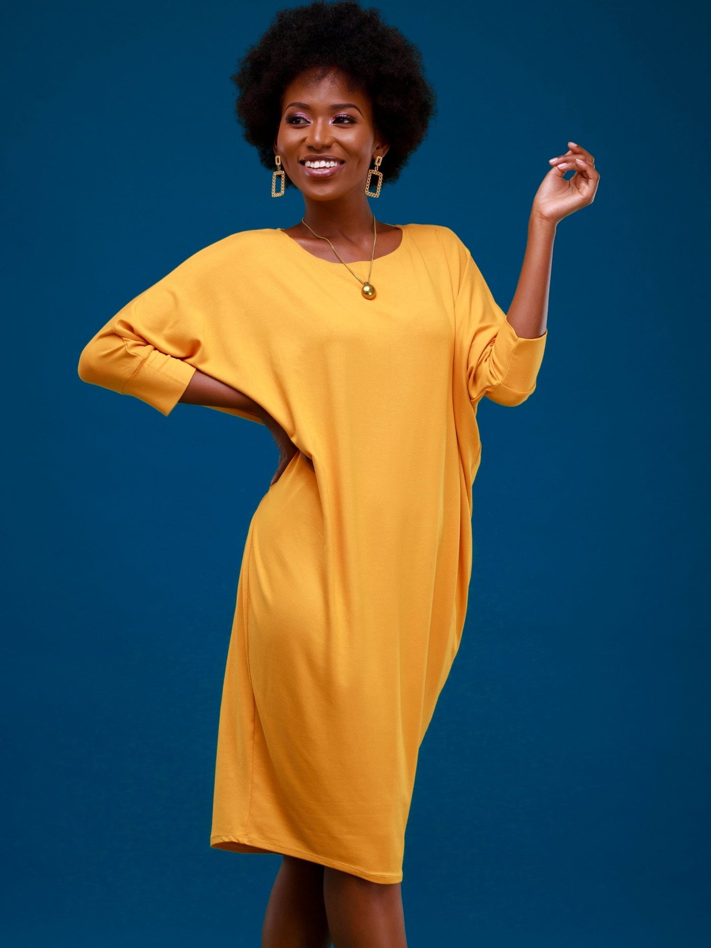 Vivo Basic Cuffed Dolman Jersey Dress - Mustard - Shopzetu