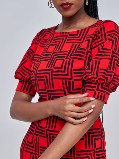 Vivo Imara Puff Sleeve Sheath Dress - Red / Black Abstract Print