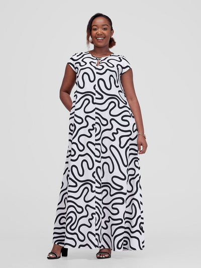 Vivo Sakari Cap Sleeve Maxi Dress - White / Black Kari Print