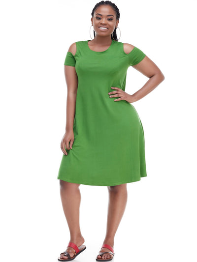 Vivo Lamu Knee Length Cold Shoulder Dress - Hunters Green - Shopzetu