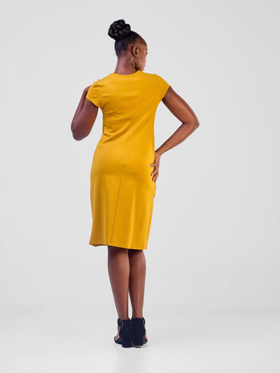 Vivo Fasi Cap Sleeve Asymmetrical Panel A-Line Dress - Mustard - Shopzetu