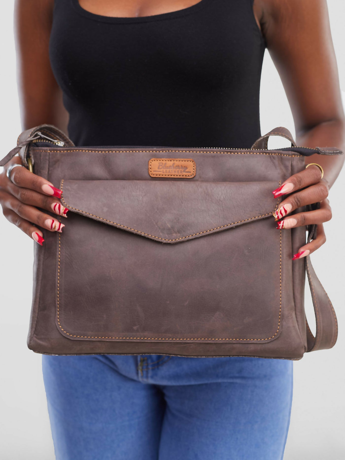 Blueberry Leather Ladies Sling Bag - Mocha