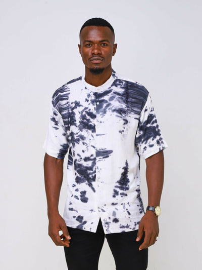 Vazi Afriq Tie & Dye Chinese Collar Shirt - Black Print
