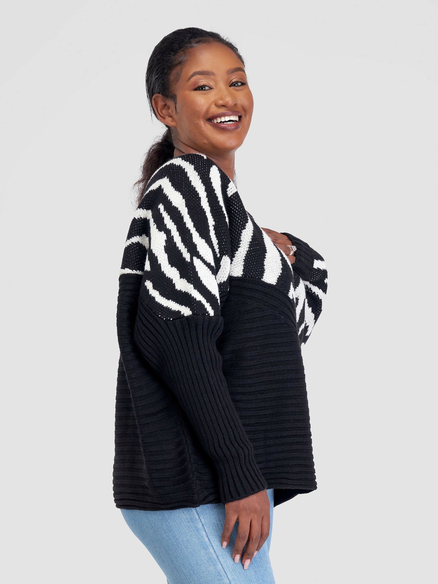 The Fashion Frenzy Zebra Print Sweater Top - Black