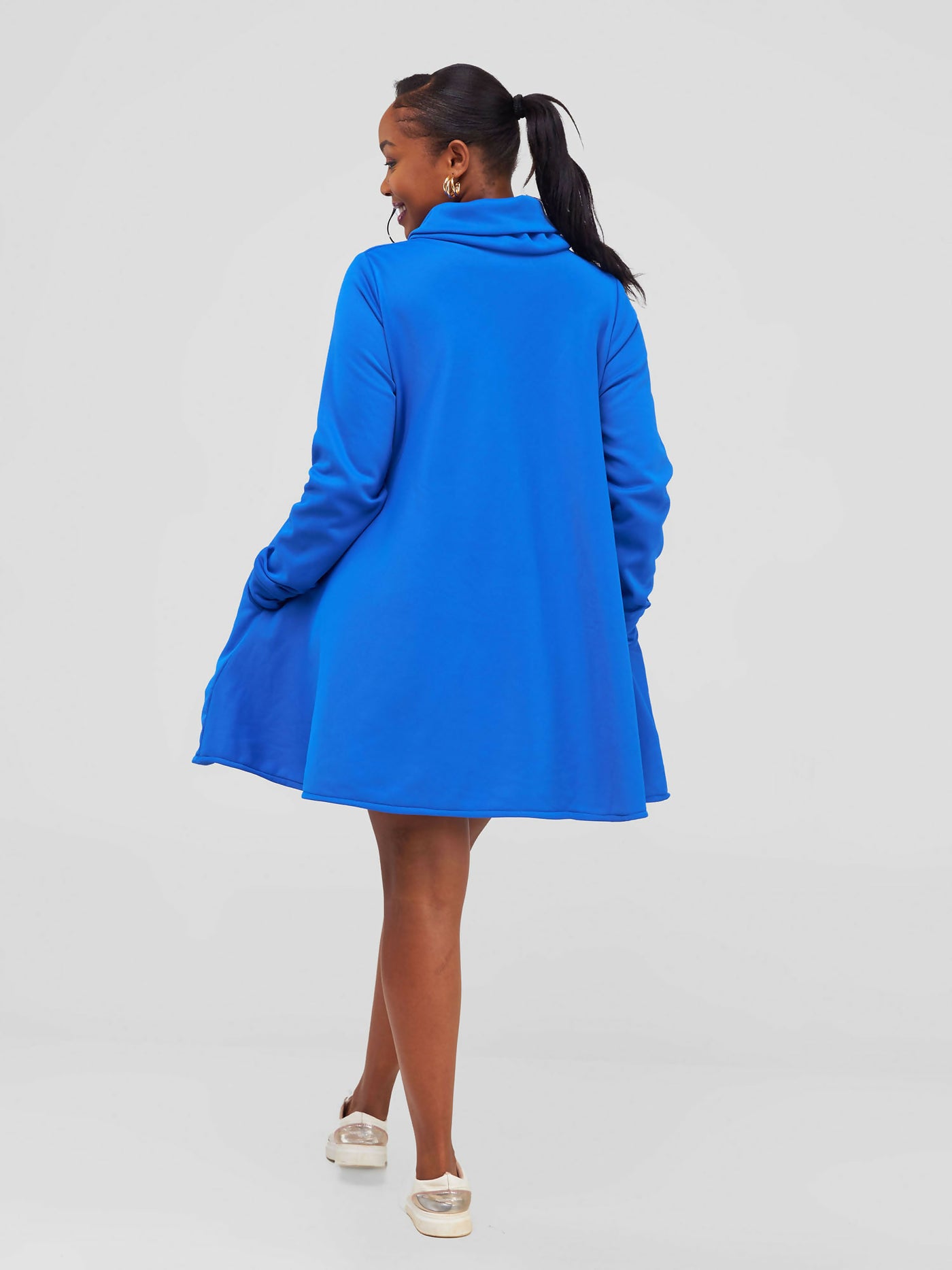 Khay Designs Ankara Pockets And Front Embroidery Fleece Dress - Blue