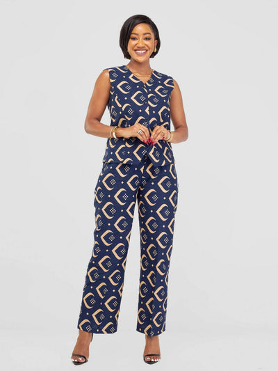 SBV Ankara Waist Jacket Suit - Navy Blue - Shopzetu