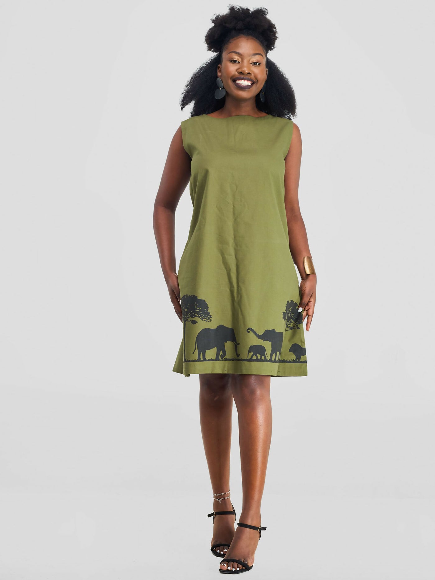 Sleeveless Animal Tree Line Dress - Jungle Green - Shopzetu