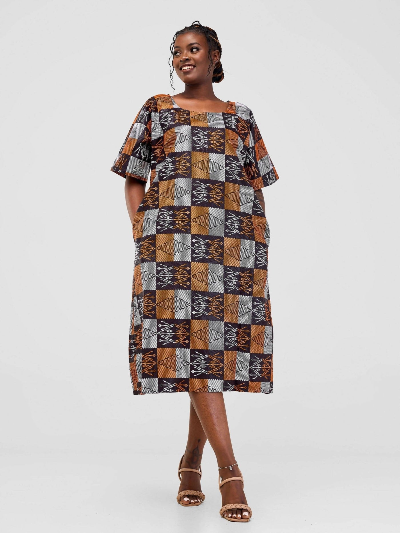 PrettyGline Ankara Dress - Brown / White / Black - Shopzetu