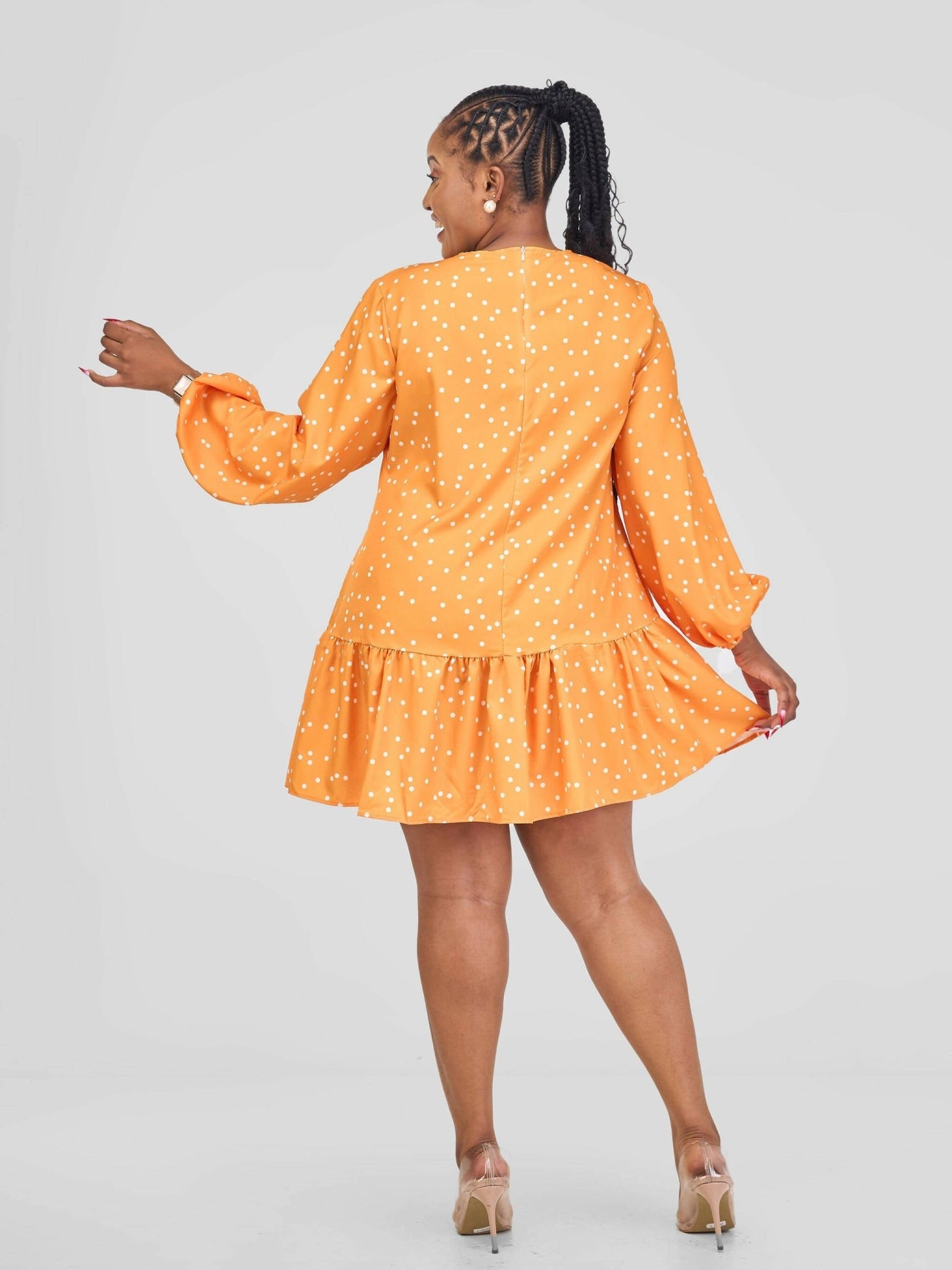 Stylish Sisters Mini Dress - Orange / White Polka Dots - Shopzetu