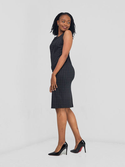 Vivo Paji Boat Neck Sheath Dress - Black Checkered Print - Shopzetu