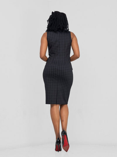 Vivo Paji Boat Neck Sheath Dress - Black Checkered Print - Shopzetu