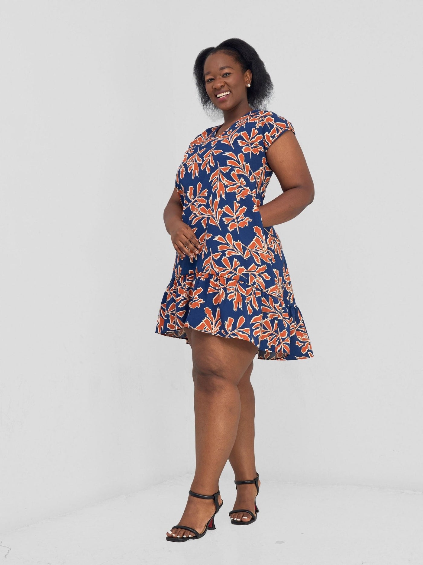 Vivo Asha Drop Shoulder Knee Length Dress - Blue / Rust Floral Print - Shopzetu