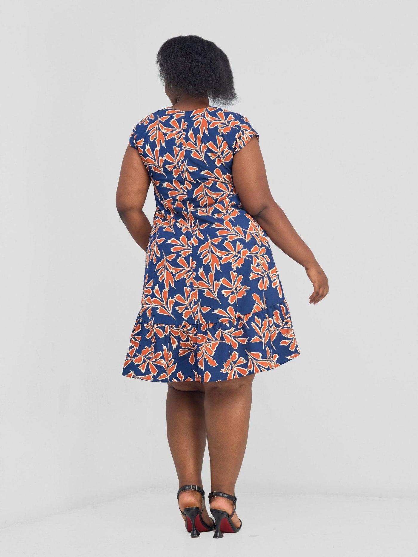 Vivo Asha Drop Shoulder Knee Length Dress - Blue / Rust Floral Print - Shopzetu