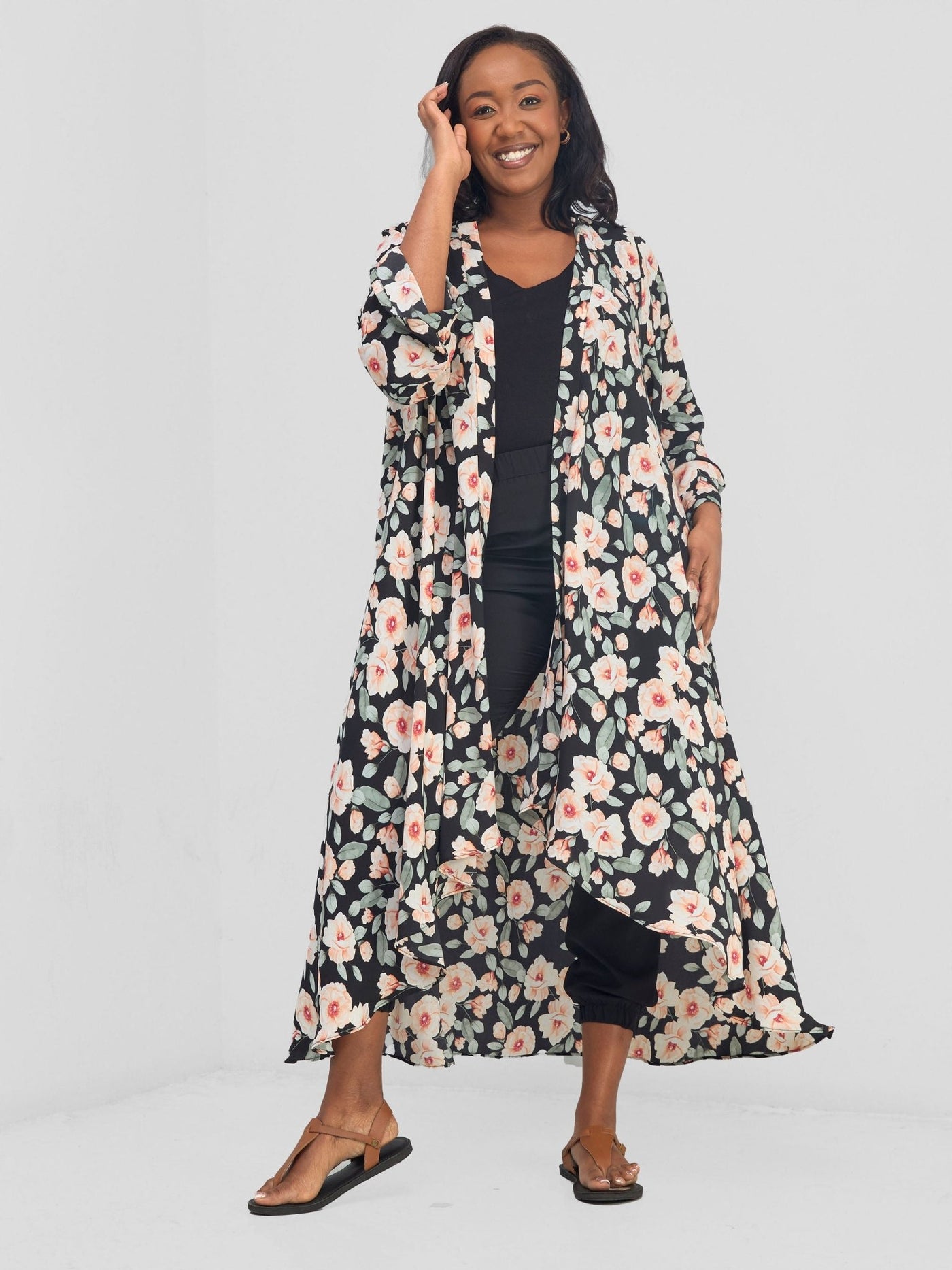 Vivo Maisha Long Sleeve High Low Kimono - Black Nyua Print - Shopzetu